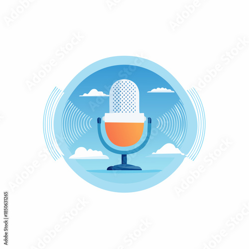 Vibrant Flat Style Microphone Icon within a Circular Frame, Featuring Sound Waves, Representing Broadcast, Podcast, and Online Audio Communication Services