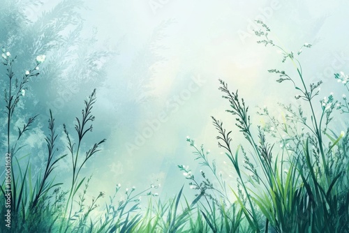 Serene Green Grass and Delicate Flowers in Soft Natural Background