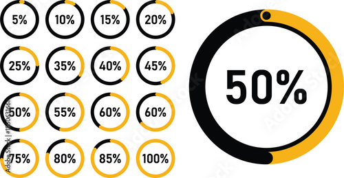 Set of Flat Vector Circular Percentage Loading Bars and Progress Indicators from Five to One Hundred Percent for Infographic Design