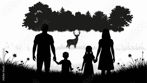 Family silhouette observing a deer in a forest clearing.