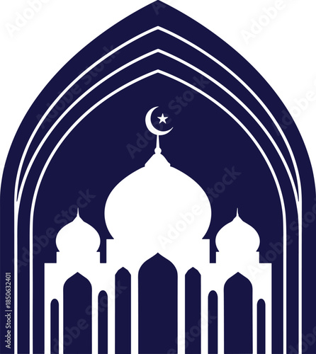 Flat Vector Illustration of White Mosque Silhouette Inside Arch Frame for Islamic Holidays Ramadan Kareem Eid Mubarak and Religious Design