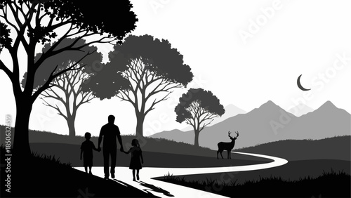 Father and two children walking on a path in nature.