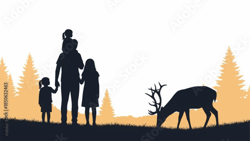 Family silhouette observing a deer in a forest setting.