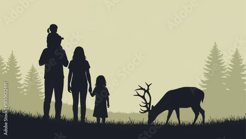 Family silhouette observing a deer in a forest setting.