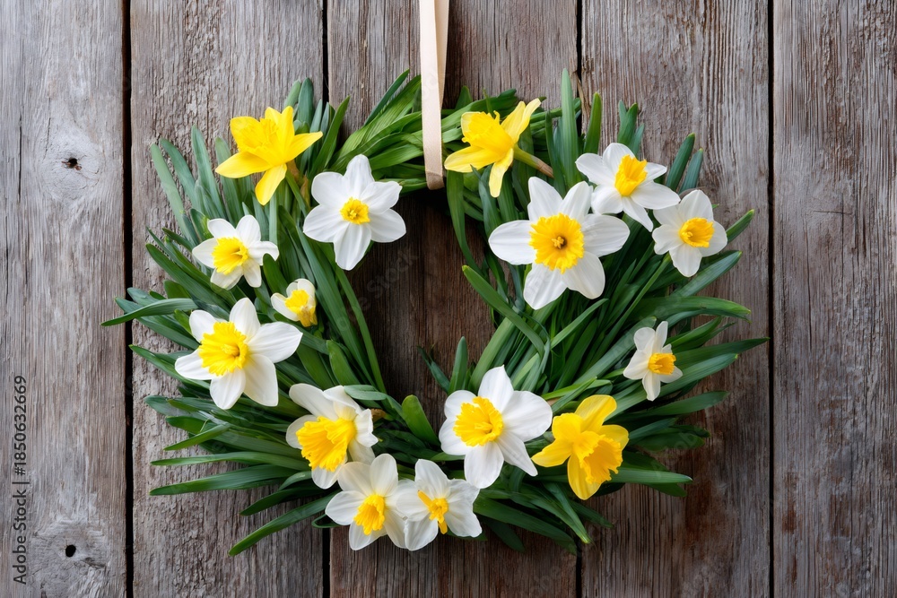 Obraz premium Daffodil wreath celebrating Easter and spring season on wood