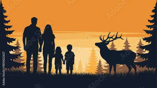 Family watching a majestic deer in the forest at sunset.