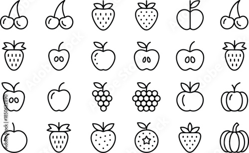 Black and white of various fruits in a grid pattern