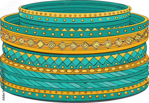Intricate turquoise and gold geometric pattern on a cylindrical surface cylinder