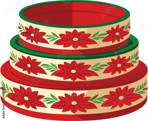 Stack of round plates with red flowers and green leaves on beige background