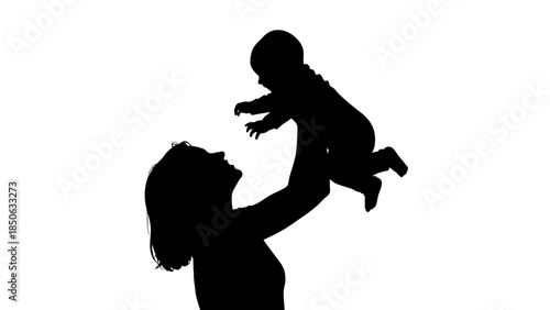 Silhouette of a loving mother joyfully lifting her baby high up into the air against a white background