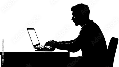 Silhouette of focused professional working diligently on a laptop computer at a dark desk isolated on white