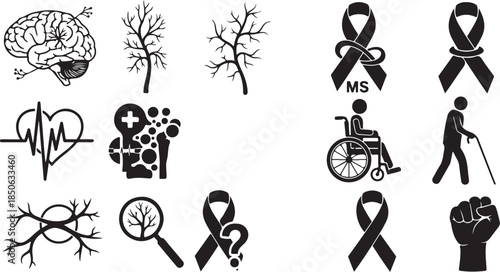 Multiple sclerosis awareness symbols and brain icons