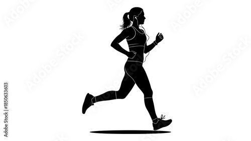 Silhouette of a fit woman in athletic wear running outdoors while listening to music with earphones on a white background