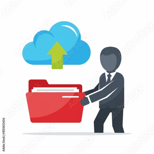 Businessperson uploading documents to a digital cloud storage service via a red folder icon, representing remote data backup and file synchronization concept