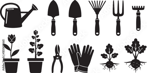 Gardening tools and plants in black silhouette
