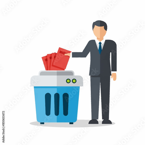 Businessman destroying confidential documents with a paper shredder, corporate security concept, data destruction, privacy protection, secure disposal of paperwork
