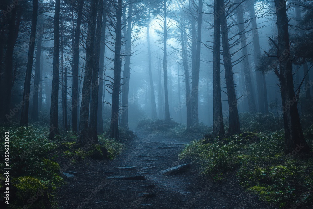 Fototapeta premium Misty moss-covered forest with tall tree trunks framing a central deep blue gradient panel, evoking a moody, mysterious twilight atmosphere