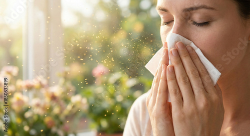 Artistic close-up of a woman holding a tissue to her nose, surrounded by floating pollen particles illuminated by sunlight, soft focus, conceptual health photography, allergy season representation, de