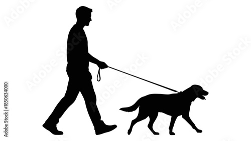 Silhouette of a man walking a dog on a leash against a clean white background creating a clear vector graphic