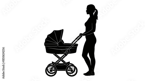 Silhouette graphic design showing a woman pushing a classic baby carriage or pram for infant transport and care