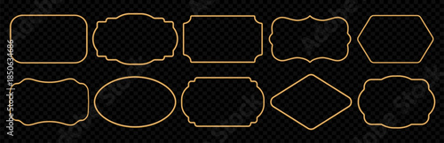 Gold metal 3d frames set on black background. Luxury golden ornate oriental borders. Vector ornamental and geometric shapes for photos, paintings, windows, gallery displays, vintage vignettes, stamps