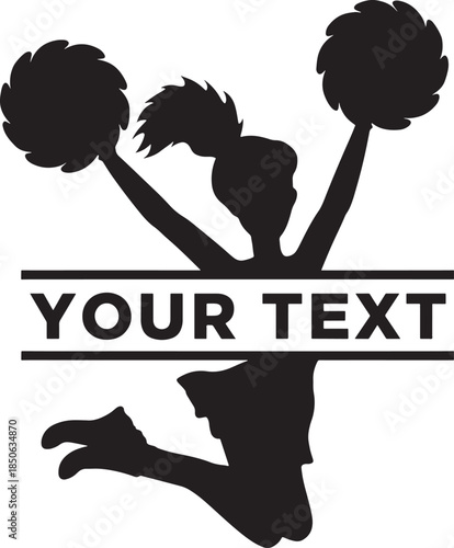 Energetic cheerleader silhouette mid-jump with pom-poms and customizable text banner