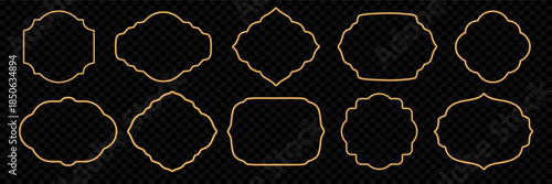 Golden frames set in oriental style. 3d Islamic ornamental border, Indian decorative element, Arabians shape. Vector for Ramadan greeting card, design certificate, badge, vignette, stamp, award, label