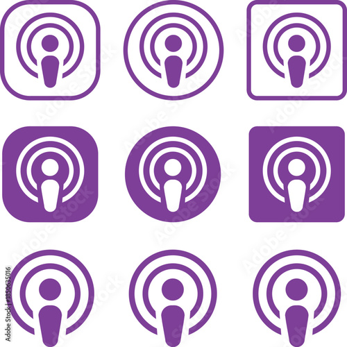 Apple Podcast App Icon in Gradient Purple. Flat logo options for audio streaming, mobile interface, and media branding design. digital editorial social media icon vector. A collection of podcast icons