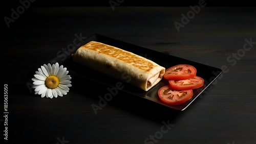 Burrito on a black plate with sliced tomatoes and a white flower food