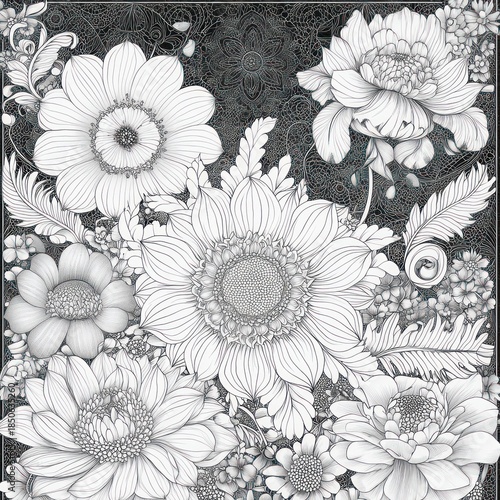 intricate black and white botanical line drawing of a large central sunflower surrounded by daisies, peonies, buds, fern fronds and ornate lace-like background, calm and meditative