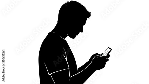 Silhouette of a young man deeply focused while texting or browsing on a glowing smartphone screen in isolation