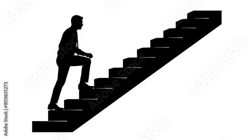 Silhouette of a businessman climbing a steep staircase symbolizing career growth ambition and upward movement