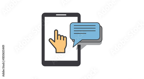 mobile chat app illustration with hand tapping on smartphone screen and text message bubble icon concept for online communication