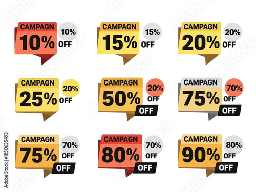 Campaign Sale and Discount Labels 10-90% Off Vector Graphics for Marketing