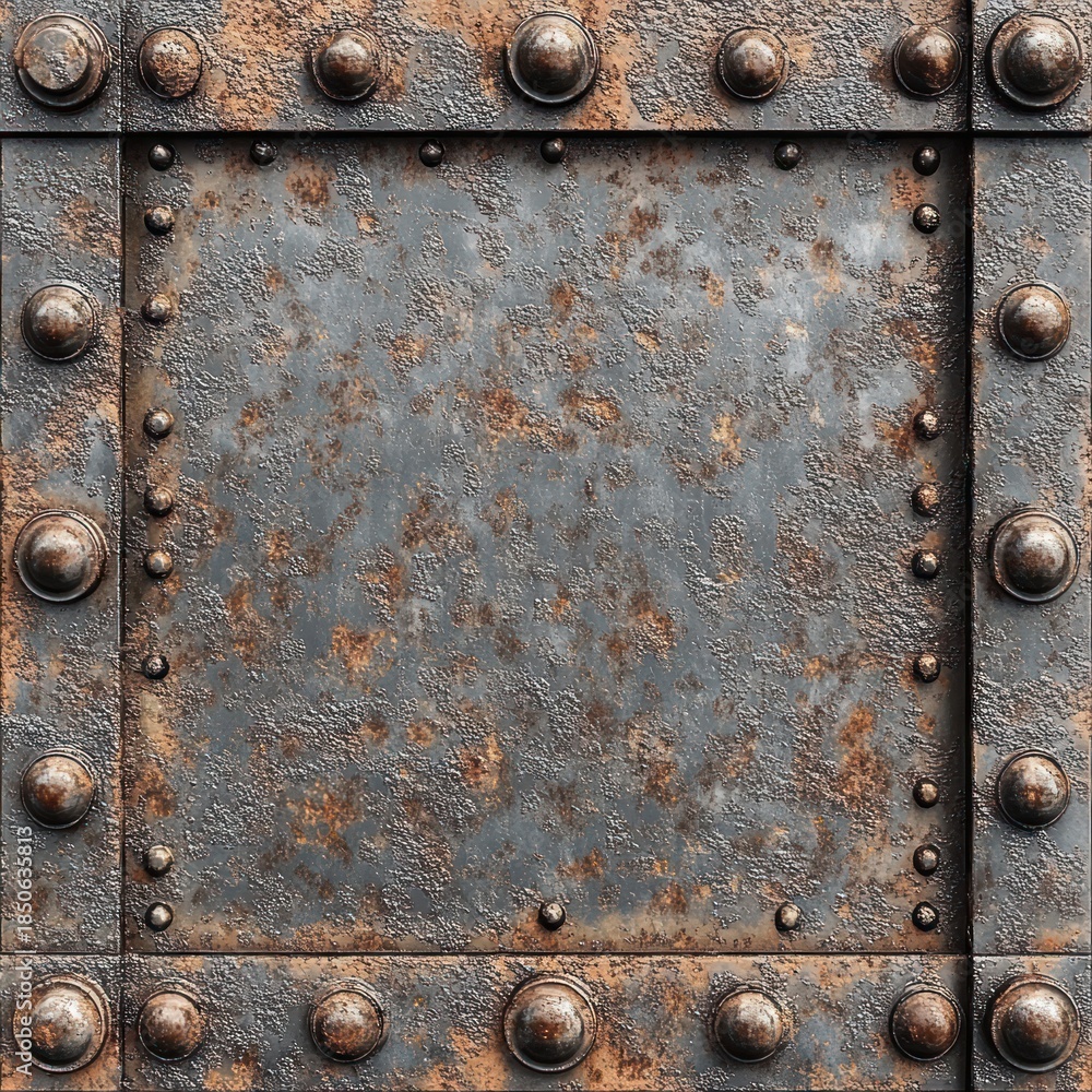 Fototapeta premium rusted riveted metal plate with corroded textured surface and bolted border conveying a rugged weathered industrial mood
