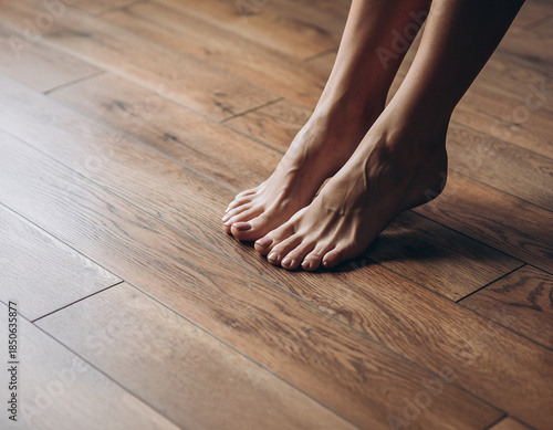 Bare feet standing on a wooden floor, symbolizing grounding, simplicity and mindful connection with the body and environment.