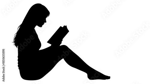Silhouette of a woman sitting relaxed while engrossed in reading a physical book against a white background