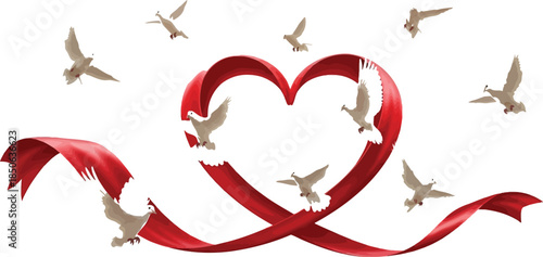 White doves flying around a red heart ribbon against a soft blue sky backdrop