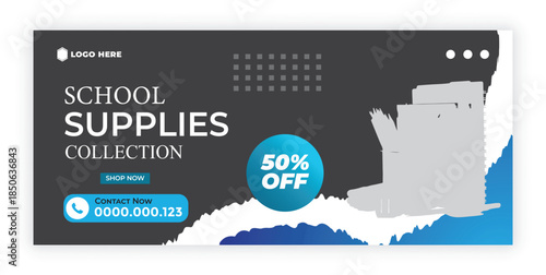 School Admission Banner Template with Students Silhouette, Modern Education Promotion Design,
