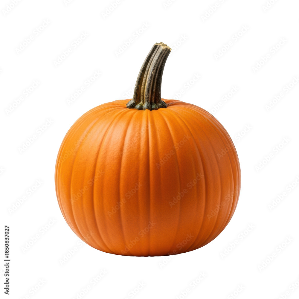 Obraz premium A perfectly round, ripe orange pumpkin with prominent ridges and a short dark brown stem, on a sterile pure bright white background with subtle shadow and copy space, autumn harvest abundance concept