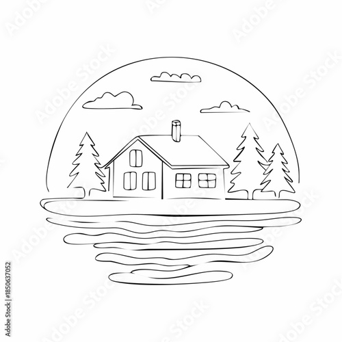 Rural landscape continuous one line vector drawing. Lake house in the woods hand drawn silhouette. Country nature panoramic sketch. Village minimalistic contour illustration.