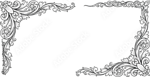 Ornate floral corner designs in black and white for elegant frame decoration