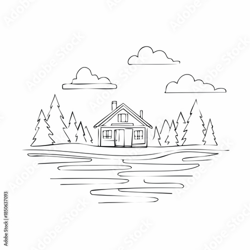 Rural landscape continuous one line vector drawing. Lake house in the woods hand drawn silhouette. Country nature panoramic sketch. Village minimalistic contour illustration.