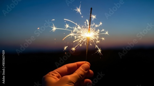 Hand holding a sparkling firework stick at dusk.