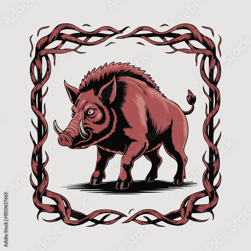 Boar Portrait In Classic Illustration Style.