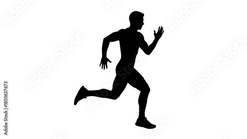 Silhouette of an athletic man sprinting forward demonstrating speed power and fitness against a clean white background