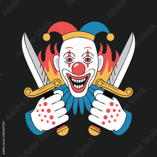 Clown Joker With Crossed Swords Front View.