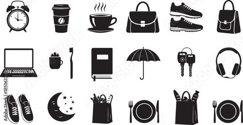 Black icons of daily life objects and symbols