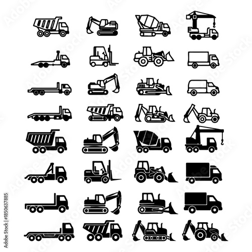 Collection of Six Line Art Construction Vehicle Icons silhouette pack