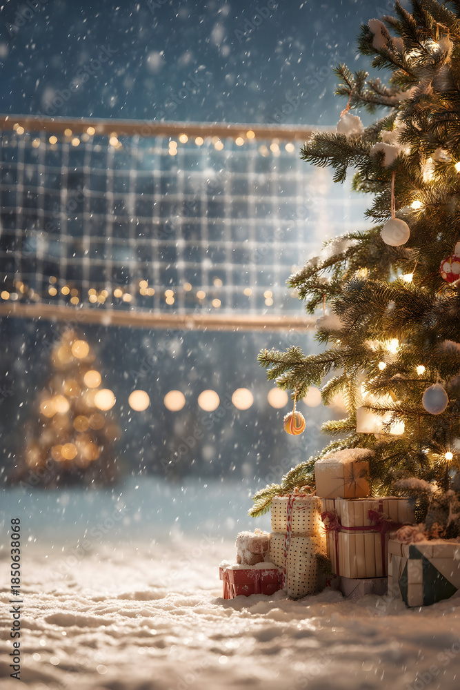 custom made wallpaper toronto digitalChristmas tree closeup with gifts on snowy volleyball court, volleyball net in background. Concept of resting basketball sport during Christmas time.